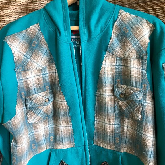 Upcycled Patchwork Jacket, Size L: Teal Tribal Zip-Up Hoodie, Southwest Aztec - Picture 14 of 16
